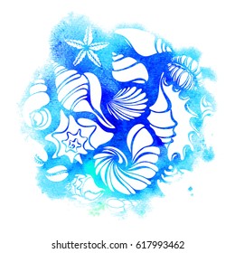 Template. Set of silhouettes of sea shells. Starfish, shell, conch, spiral, helix. Place for text. Undersea world. Vector illustration for symbol, greeting card, wallpaper, background