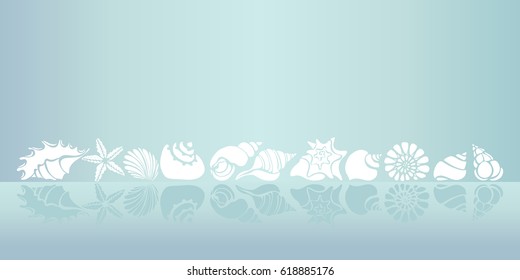 Template. Set of silhouettes of sea shells. Starfish, shell, conch, spiral, helix. Place for text. Undersea world. Vector illustration for symbol, greeting card, wallpaper, background