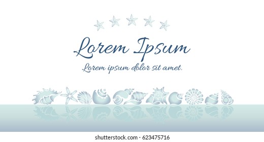 Template. Set of silhouettes of sea shells. Starfish, shell, conch, spiral, helix. Place for text. Undersea world. Vector illustration for symbol, greeting card, wallpaper, background