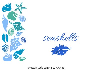 Template. Set of silhouettes of seashells in circle. Starfish, shell, conch, spiral, helix. Undersea world. Place for text. Vector illustration for greeting card, wallpaper, background