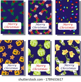 Template set of six cards Merry Christmas and Happy New Year. Vector illustration on a blue background. For congratulations, packaging, invitations.