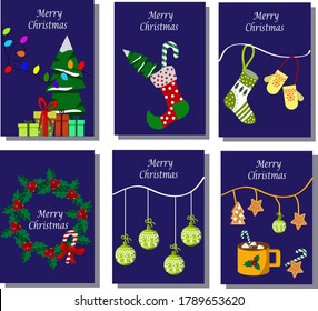 Template set of six cards Merry Christmas and Happy New Year. Different attributes of the holiday. Vector illustration on a blue background. For congratulations, packaging, invitations.