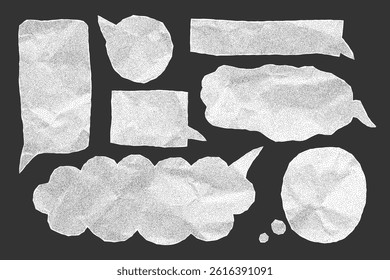 Template set of speech balloons from notebook paper with torn jagged edges. Crumpled gritty texture and halftone dots, isolated for banners, irregular text box.