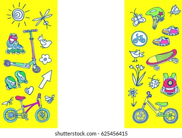 Template. Set of sporting goods for kids. Place for text. Vector illustration for greeting card, wallpaper, background. Scooter, rollers, skate, bicycle, backpack, helmet, . Summer children's holiday