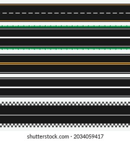 Conjunto de plantillas de carreteras de asfalto rectas. El fondo de la calle no es muy atractivo. Diferentes tipos de carreteras. Pista. Camino de hierba. Vector