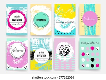 Template. Set of Trendy Posters with hand drawn Background. Modern Hipster Style for Invitation, Business Contemporary Design, Placards, Flyer. Sale.