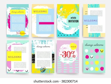 Template. Set of Trendy Posters with hand drawn Background. Modern Hipster Style for Invitation, Business Contemporary Design, Placards, Flyer. Sale.