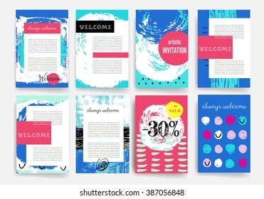 Template. Set of Trendy Posters with hand drawn Background. Modern Hipster Style for Invitation, Business Contemporary Design, Placards, Flyer