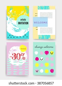 Template. Set of Trendy Posters with hand drawn Background. Modern Hipster Style for Invitation, Business Contemporary Design, Placards, Flyer