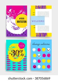 Template. Set of Trendy Posters with hand drawn Background. Modern Hipster Style for Invitation, Business Contemporary Design, Placards, Flyer