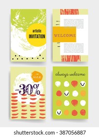 Template. Set of Trendy Posters with hand drawn Background. Modern Hipster Style for Invitation, Business Contemporary Design, Placards, Flyer