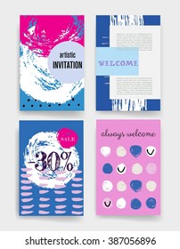 Template. Set of Trendy Posters with hand drawn Background. Modern Hipster Style for Invitation, Business Contemporary Design, Placards, Flyer