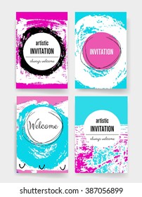 Template. Set of Trendy Posters with hand drawn Background. Modern Hipster Style for Invitation, Business Contemporary Design, Placards, Flyer