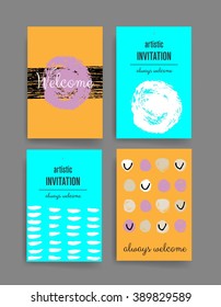 Template. Set of Trendy Posters with hand drawn Background. Modern Hipster Style for Invitation, Business Contemporary Design, Placards, Flyer