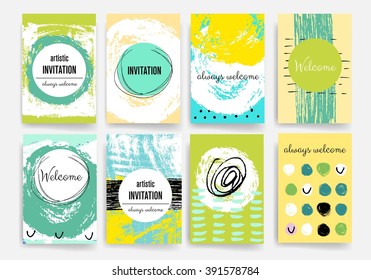 Template. Set of Trendy Posters with hand drawn Background. Modern Hipster Style for Invitation, Business Contemporary Design, Placards, Flyer