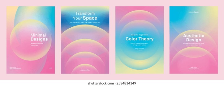 Conjunto de Plantilla de Plantillas de diseño vibrantes para talleres, mostrando diseño estético, teoría del color y vida moderna. Conjunto de Plantillas de cartel en diseño de gradiente rosa. Conjunto de Vector de Plantilla de póster.