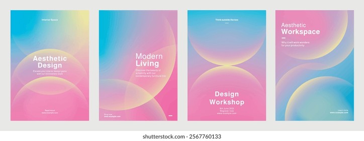 Template set of vibrant design templates for workshops, showcasing aesthetic design, color theory, and modern living. Set of poster templates in pink gradient design. Poster template vector set.