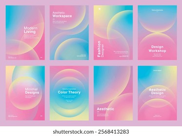 Template set of vibrant design templates for workshops, showcasing aesthetic design, color theory, and modern living. Set of poster templates in pink gradient design. Poster template vector set.