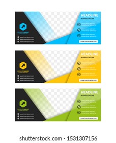 Template set of web banners standard size with a place for images or photo collage. Design abstract geometric background bright and flat colors show. Horizontal mock up. Vector illustration