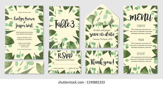Template set wedding invite, invitation menu, rsvp, thank you card, table, vector floral greenery design. Watercolor style herbs, eucalyptus, lily leaves, botanical green, decorative frame
