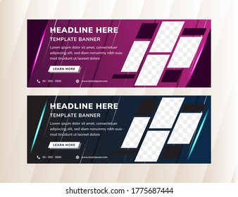 Template set of white web or social media banner with diagonal elements for a photo. Universal design for advertising business, travel, food and other. mosaic shape for photo. purple and blue gradient