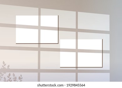 Template with shadow for overlay. Realistic vector stock illustration. Mockup for branding overlay. Window light and leaves. White sheets, posters for branding. Overlay mockup