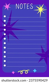 Template sheets for an organizer, planner, to-do list on a cosmic abstract background. Flat vector illustration of a set of pages for entries