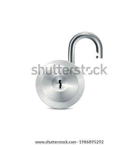 Template of shining metal round unlock padlock, realistic vector illustration isolated on white background. Chrome security safe door hanging lock mockup.