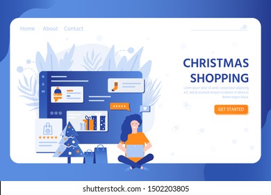 Template for shopping online with mobile phone. Happy New Year and Merry Christmas sale concept with gifts, shopping bags, decorations laptop and snow. Vector holiday banner