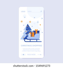 Template for shopping online with mobile phone. Happy New Year and Merry Christmas sale concept with gifts, shopping bags, decorations and snow. Vector holiday banner
