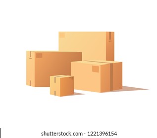 Template Of Shopping Packages Packed By Adhesive Tape, Vector Isolated Big And Small Boxes. Wholesale Of Goods, Pile Of Parcels In Warehouse Vector