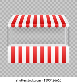 Template shopping stand with red and white striped awning, mock up. Vector illustration.
