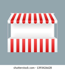 Template shopping stand with red and white striped awning, mock up. Vector illustration.