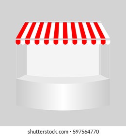 Template shopping stand with red and white striped awning, mock up vector illustration 