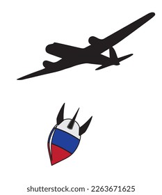 Plantilla o signo de una bomba atómica en caída en los colores de la bandera de la Federación de Rusia, en el fondo de un avión que sale. Ilustración vectorial plana de la bomba de aire de misiles nucleares.