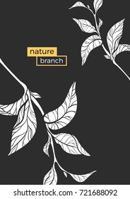 Template with silhouette of branches. Vector floral illustration. Realistic leaves on white background. Design, shape. Copy space. Eps.10