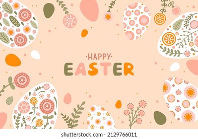 Template with silhouette Easter egg and flowers in flat style. Illustration cute spring eggs in pastel colors and space for your text. Vector