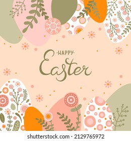 Template with silhouette Easter egg, hare and flowers in pastel colors. Illustration folklore cute spring eggs and rabbit in flat style and space for your text. Vector