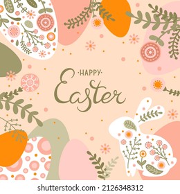 Template with silhouette Easter egg, rabbit and flowers in pastel colors. Illustration cute spring eggs and hare in flat style and space for your text. Vector