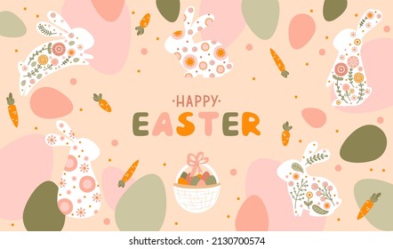 Template with silhouette Easter egg, rabbit and flowers in flat style. Illustration cute spring eggs and hare in pastel colors and space for your text. Vector