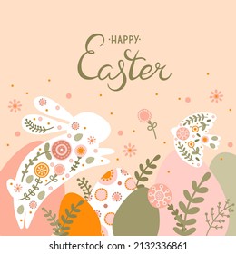 Template with silhouette Easter egg, rabbit, bird and flowers in pastel colors. Illustration cute spring eggs and hare in flat style and space for your text. Vector