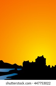 template with a silhouette of an haunted castle at sunset