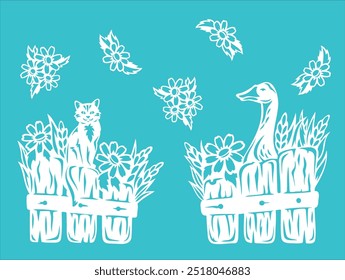 template silhouette illustration cute rustic style, farm cat and goose, fence with flowers, template for cutting