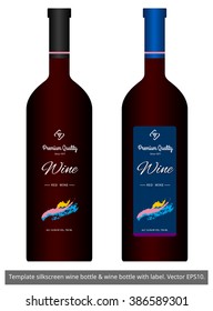 Template silkscreen wine bottle & wine bottle with label. Vector EPS10.
