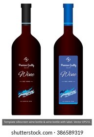 Template silkscreen wine bottle & wine bottle with label. Vector EPS10.