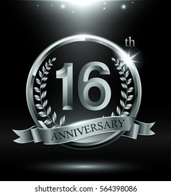 Template silver logo 16th anniversary with ring and laurel branches on dark background