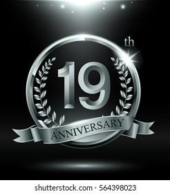 Template silver logo 19th anniversary with ring and laurel branches on dark background