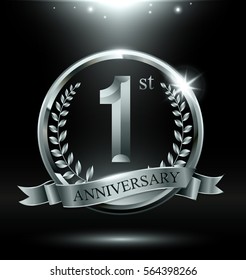 Template silver logo 1st anniversary with ring and laurel branches on dark background