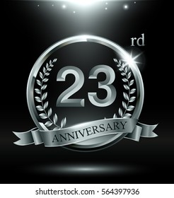 Template silver logo 23rd anniversary with ring and laurel branches on dark background
