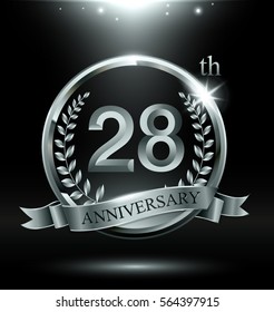 Template silver logo 28th anniversary with ring and laurel branches on dark background